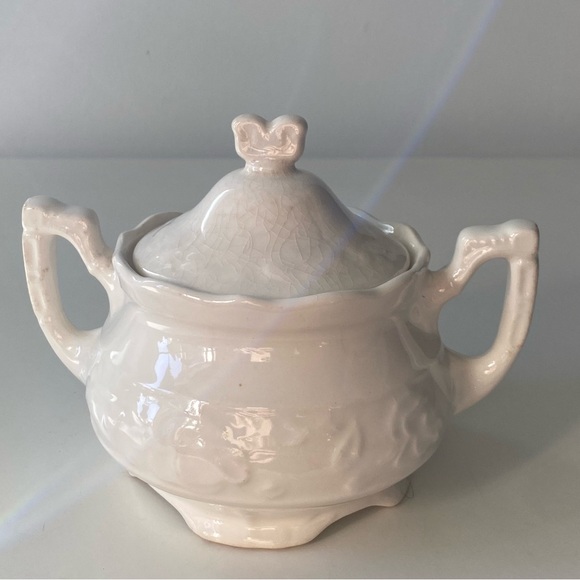 Vintage French white Porcelain Ironstone Sugar Bowl Double Handles Crackle Glaze - Picture 10 of 12